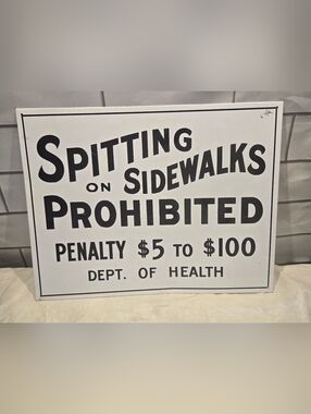 Vintage 'Spitting on Sidewalks Prohibited' Metal Sign - Black & White